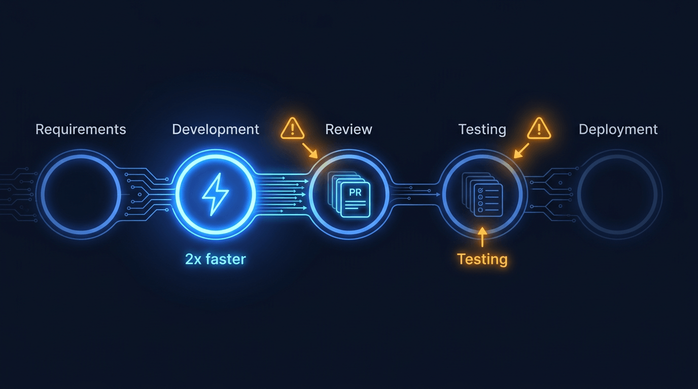 A horizontal pipeline of five connected nodes showing Requirements, Development, Review, Testing, and Deployment. The Development node blazes bright while Review and Testing show warning indicators and piled-up queues