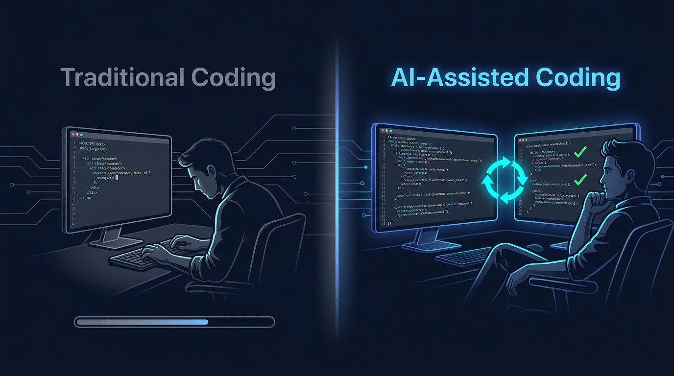 Split-screen comparison showing traditional coding on the left with a developer typing line by line, and AI-assisted coding on the right with a developer reviewing AI-generated code streams