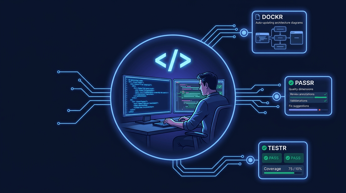 A developer at a workstation with AI-generated code streaming on one monitor and review annotations on the other, connected by circuit-trace lines to documentation, testing, and review nodes