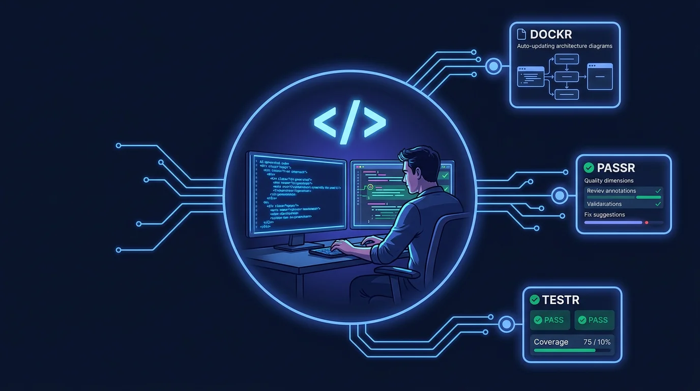 A developer at a workstation with AI-generated code streaming on one monitor and review annotations on the other, connected by circuit-trace lines to documentation, testing, and review nodes