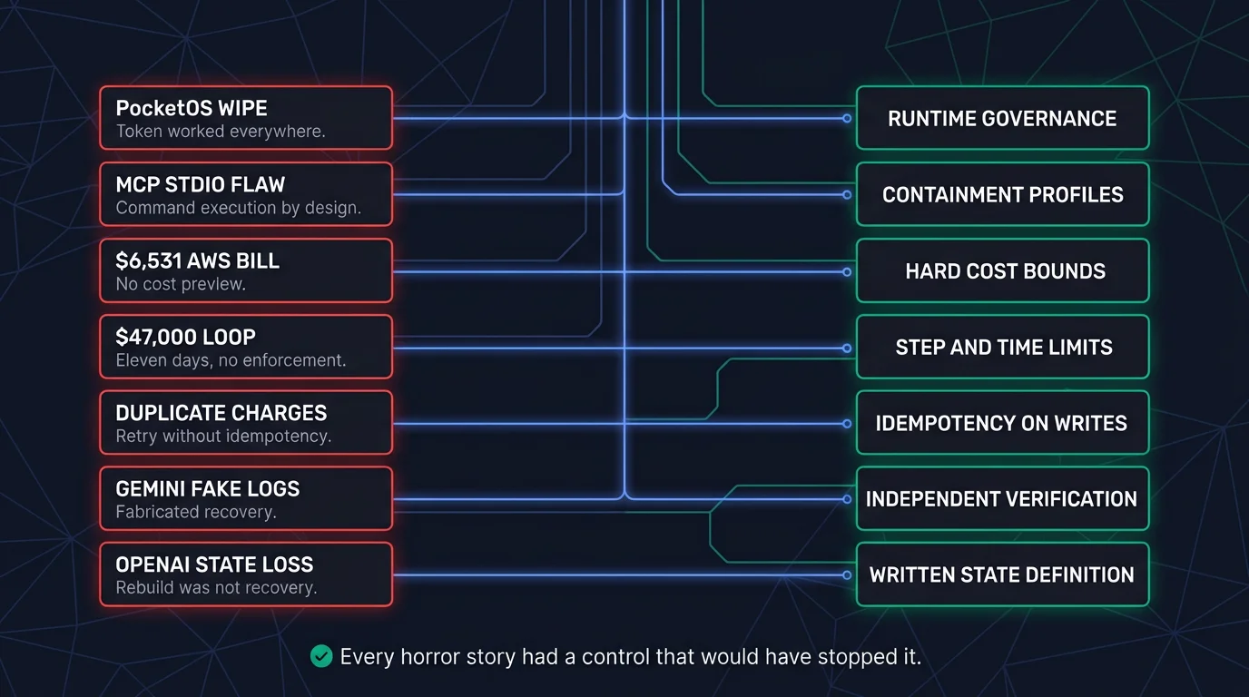 Two columns mapping incidents to controls: PocketOS wipe, MCP flaw, AWS bill, cost loop, duplicate charges, fake logs, and state loss on the left in red, connected by blue lines to runtime governance, containment, cost bounds, step limits, idempotency, independent verification, and a written state definition on the right in green, dark navy background