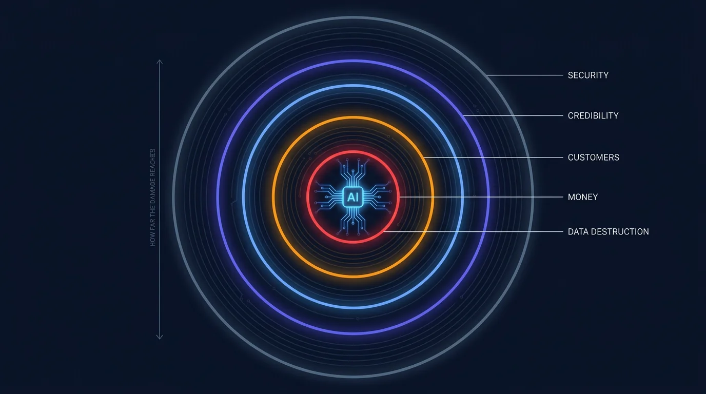 A blast-radius diagram of five concentric rings expanding from a glowing agent core at the centre, cooling from red to amber to blue to indigo to grey-blue, with horizontal callout labels reading data destruction, money, customers, credibility, and security, dark navy background