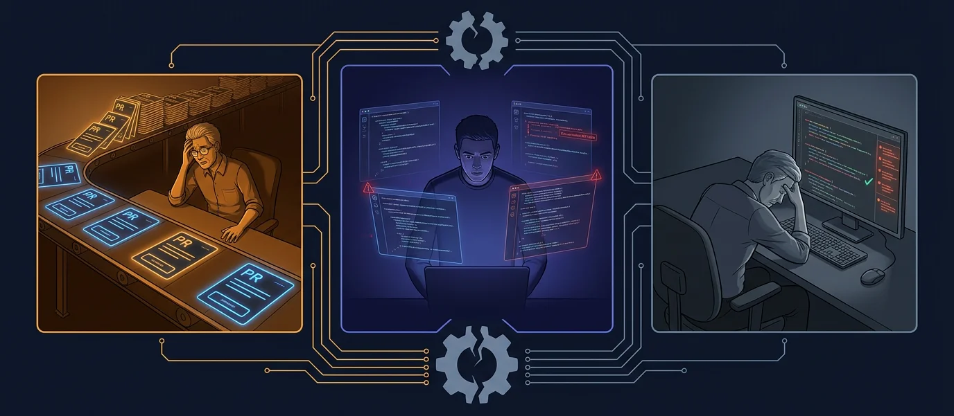 Three-panel view showing PR velocity overwhelming reviewers, AI-generated code with hidden vulnerabilities, and reviewer attention fragmenting