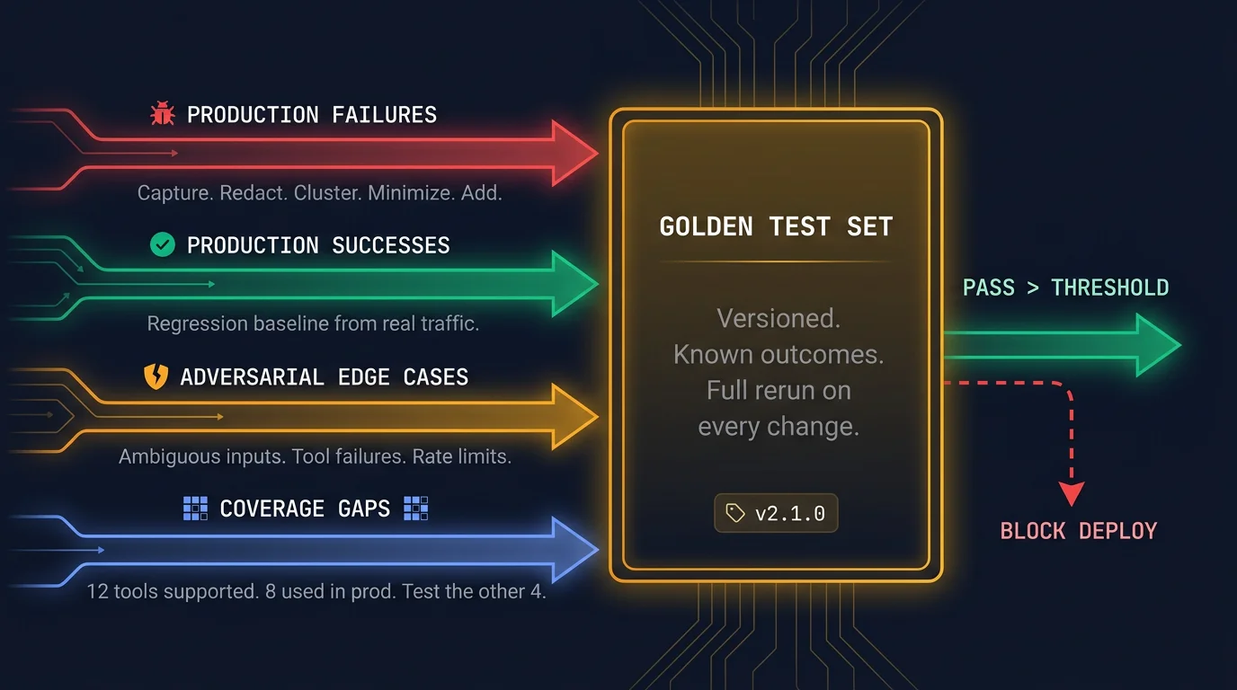 A central golden container labelled GOLDEN TEST SET with four input streams flowing in from the left: production failures in red, production successes in green, adversarial edge cases in amber, coverage gaps in blue, and an output stream on the right showing pass or block deploy, dark navy background