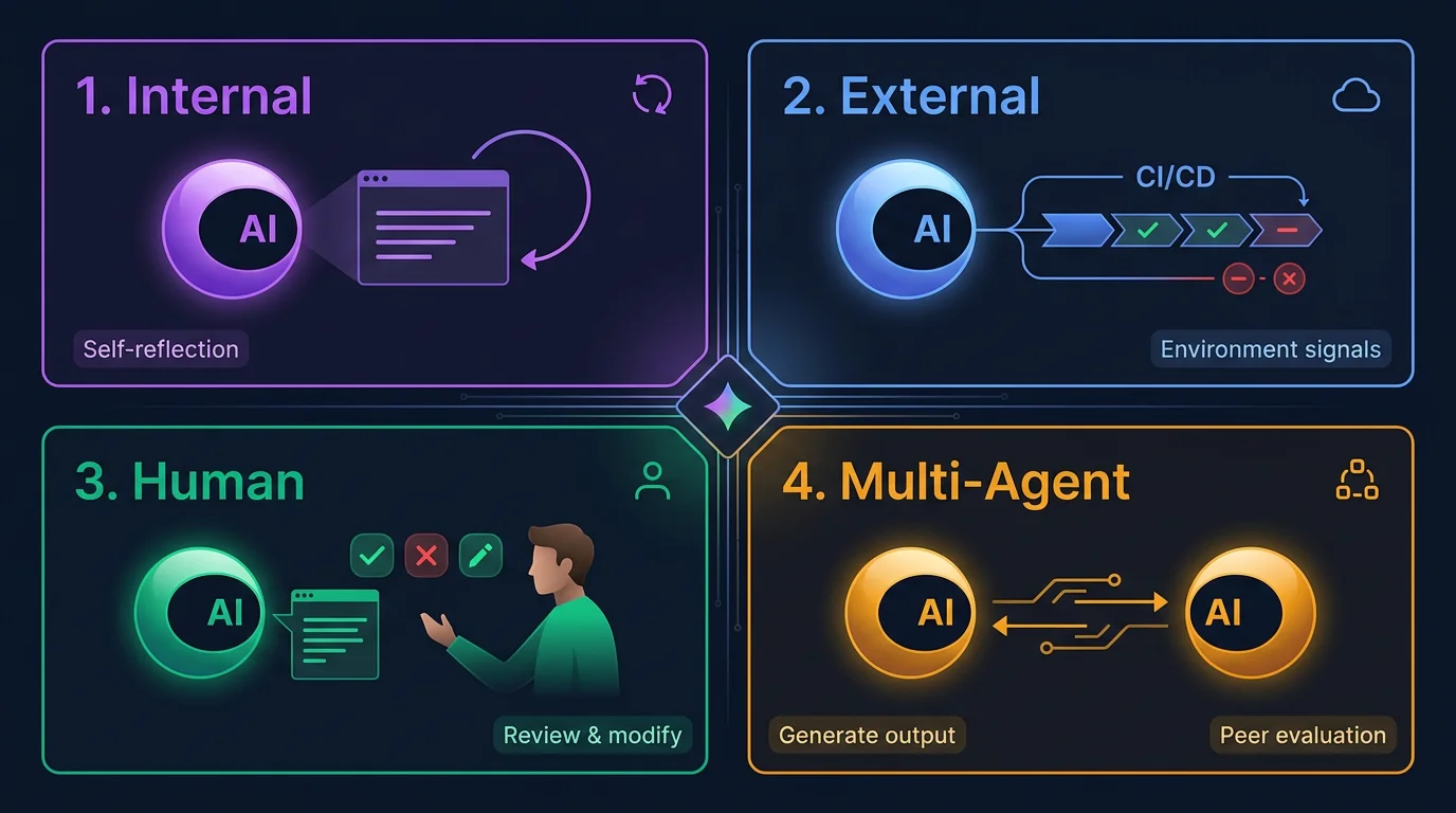 Four-panel grid showing internal feedback as self-reflection, external as CI/CD pipeline signals, human as review and modify, and multi-agent as peer evaluation between AI orbs