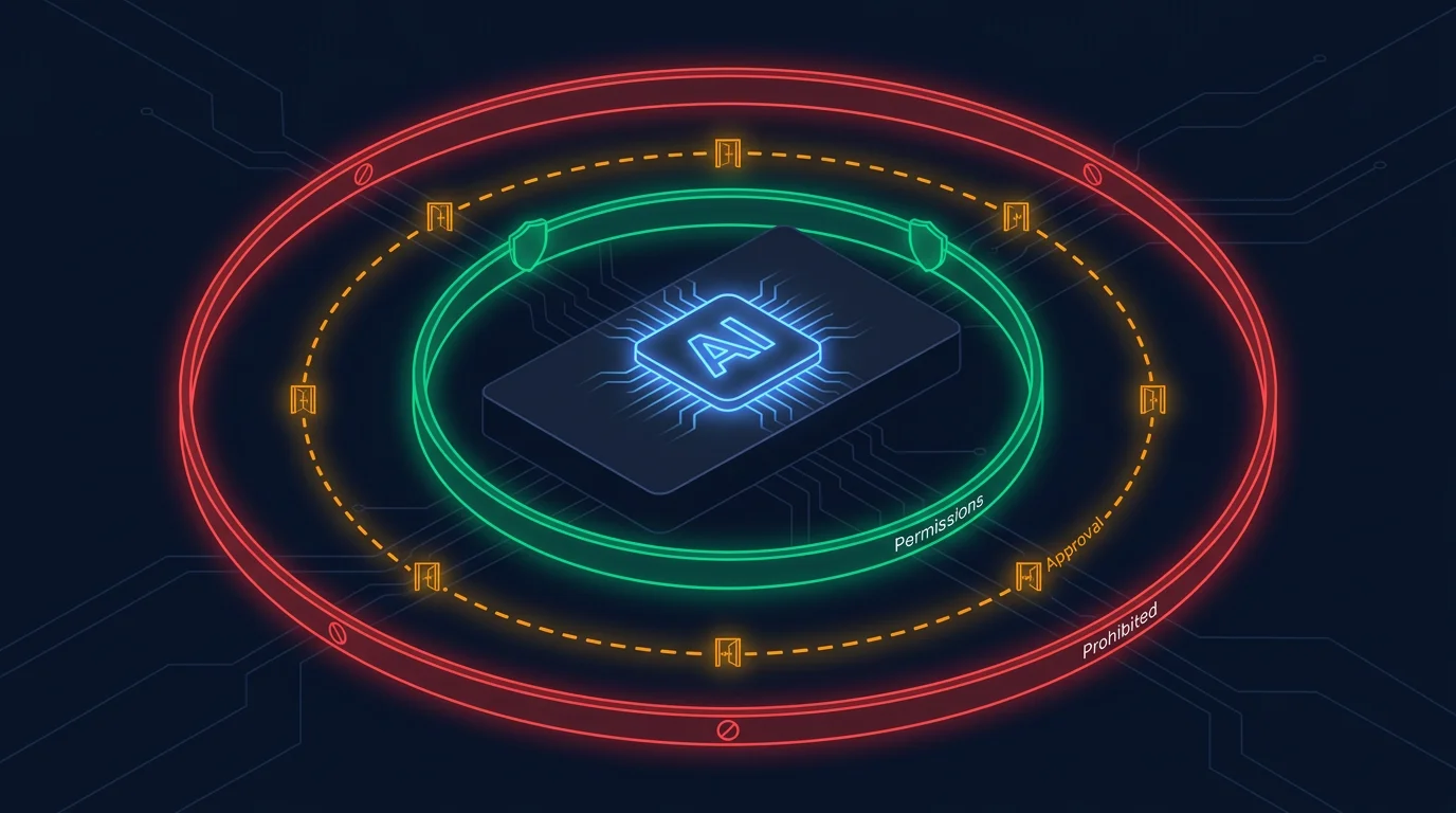 Three governance rings: permissions, approval gates, and prohibited actions around AI