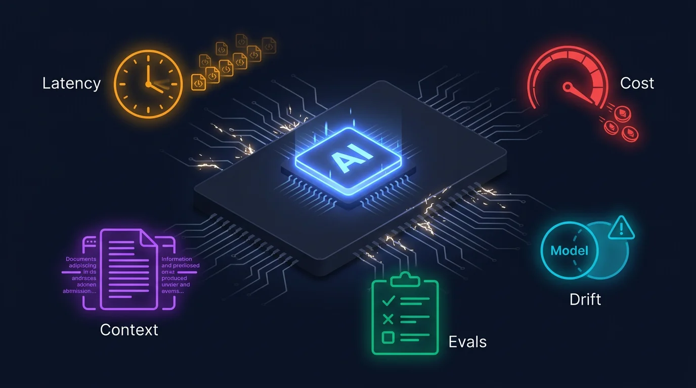 Five failure modes at scale: latency, cost, context limits, model drift, and evals