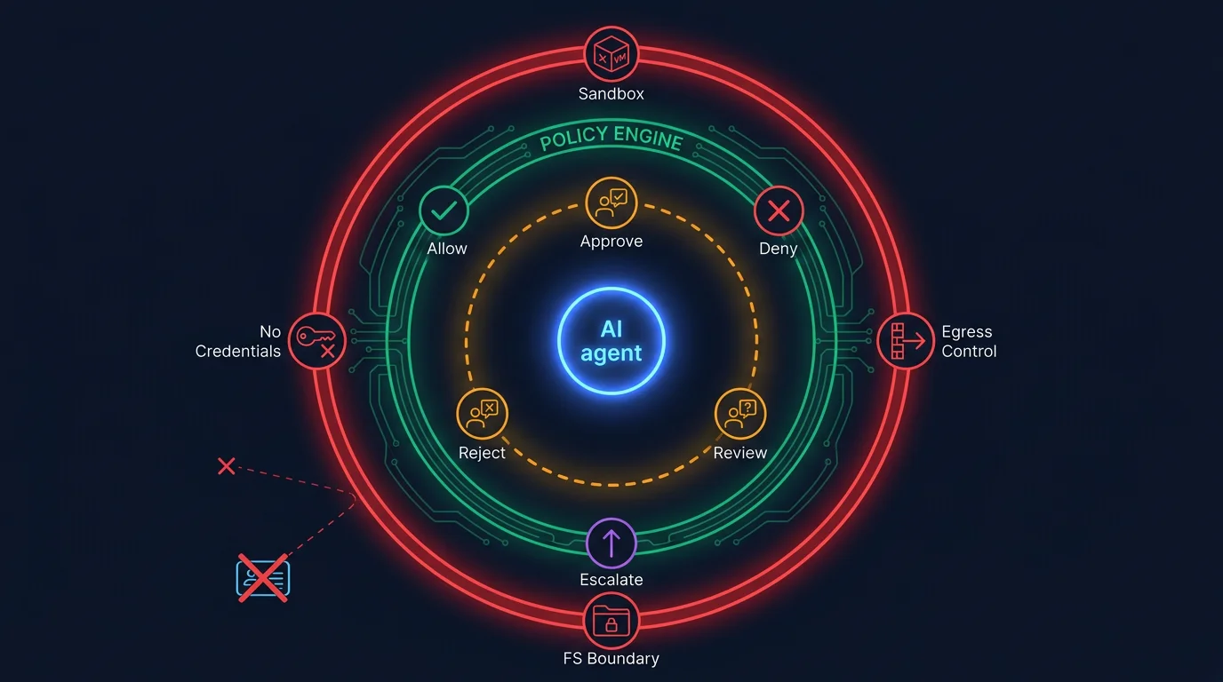 Two concentric rings: outer red ring for containment, inner amber dashed ring for supervision, with a green policy engine band between them and an AI agent orb at the centre