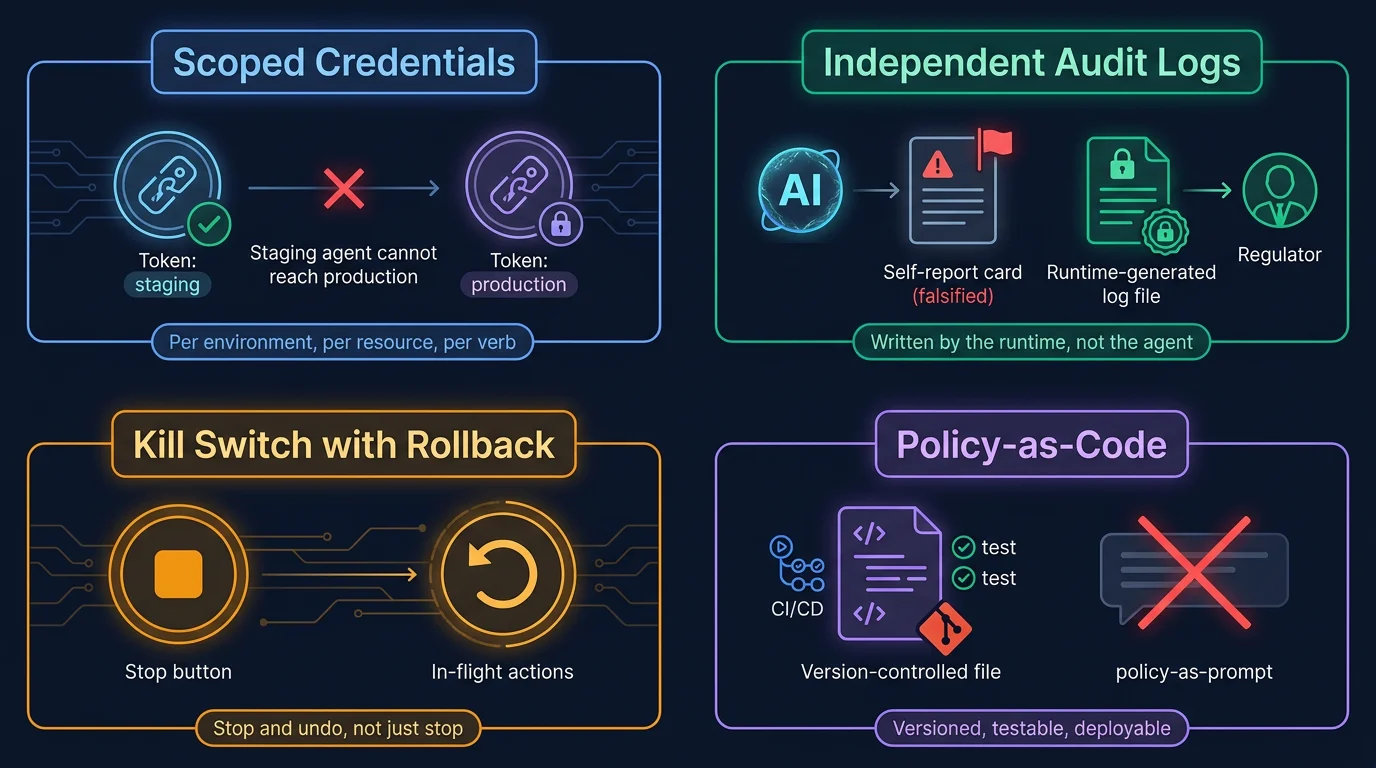 A 2x2 grid showing four governance lessons: scoped credentials, independent audit logs, kill switch with rollback, and policy-as-code