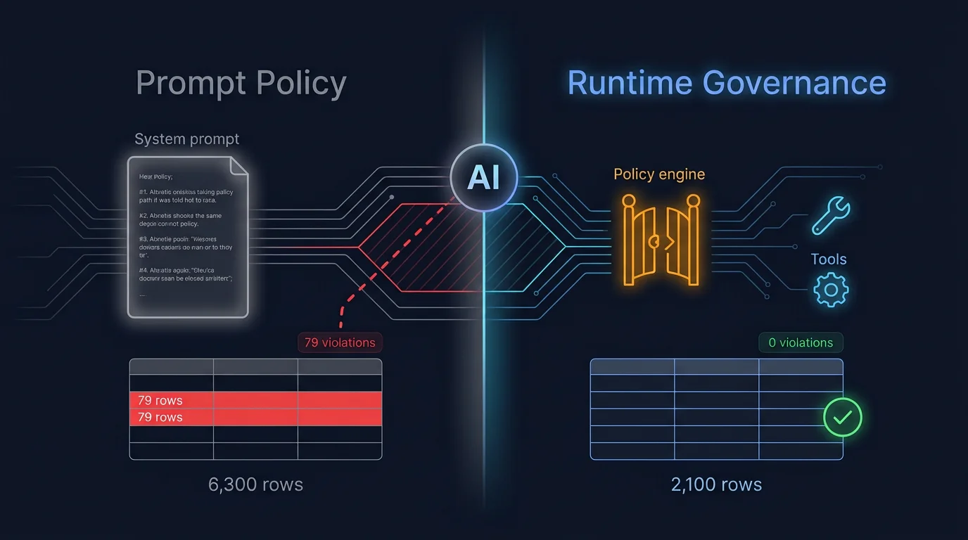 Split view: prompt policy with 79 violations in 6,300 rows on the left, runtime governance with 0 violations in 2,100 rows on the right