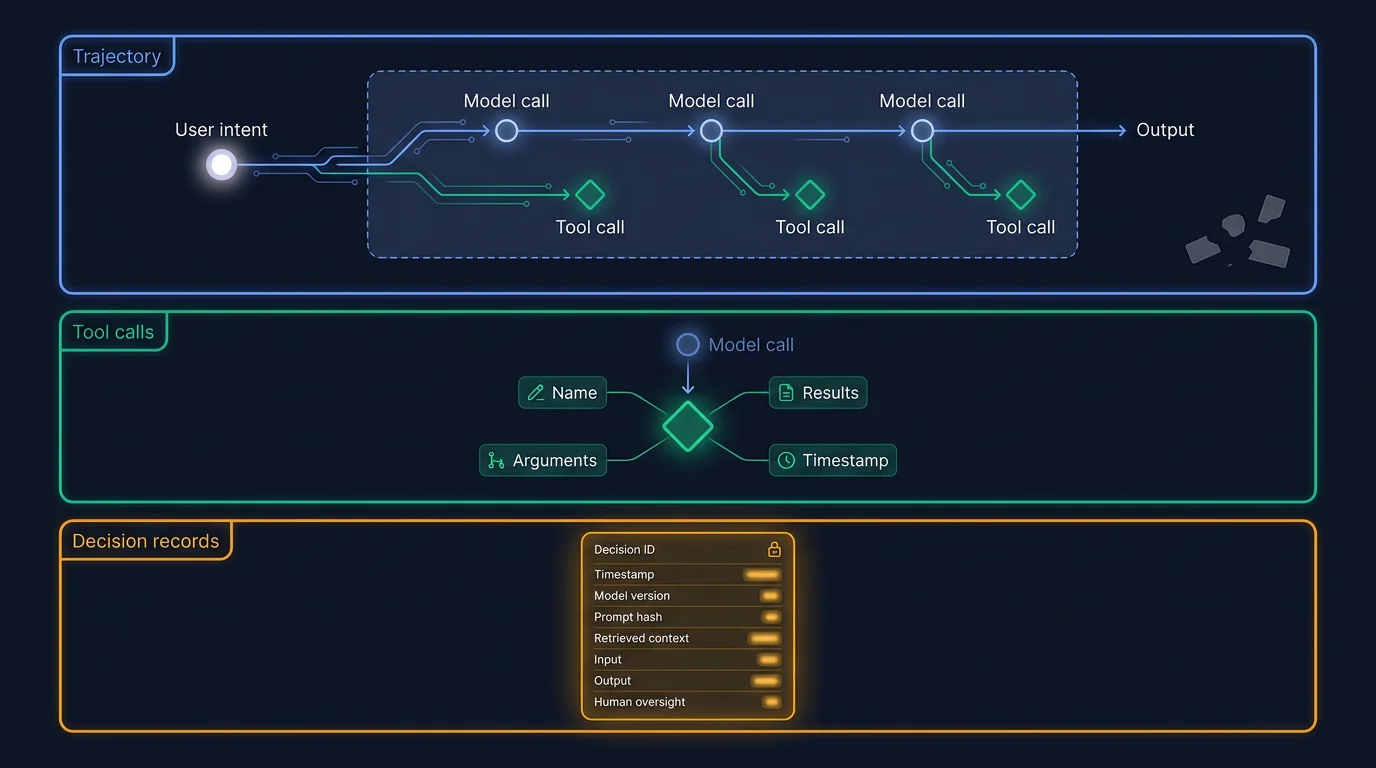 Three horizontal panels: trajectory with linked trace and disconnected fragments, tool call record with data fields, and structured decision record with lock icon