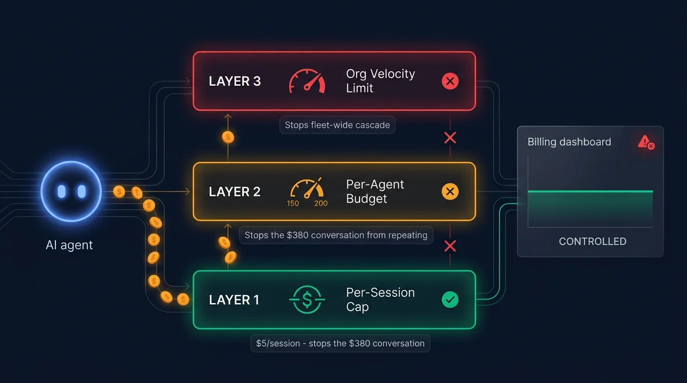 Three stacked horizontal layers: per-session cap (green, bottom), per-agent budget (amber, middle), org velocity limit (red, top) - cost tokens flowing through and being blocked at each layer