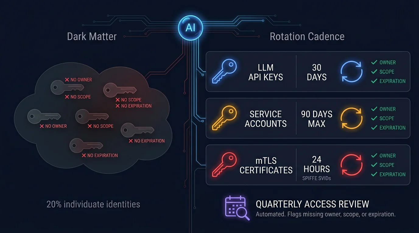 Split composition: dark matter cloud of faded keys with no owner, scope, or expiration on the left, three credential rotation rows on the right with 30-day, 90-day, and 24-hour cadences each with green checkmarks for owner, scope, and expiration, a quarterly review icon at the bottom