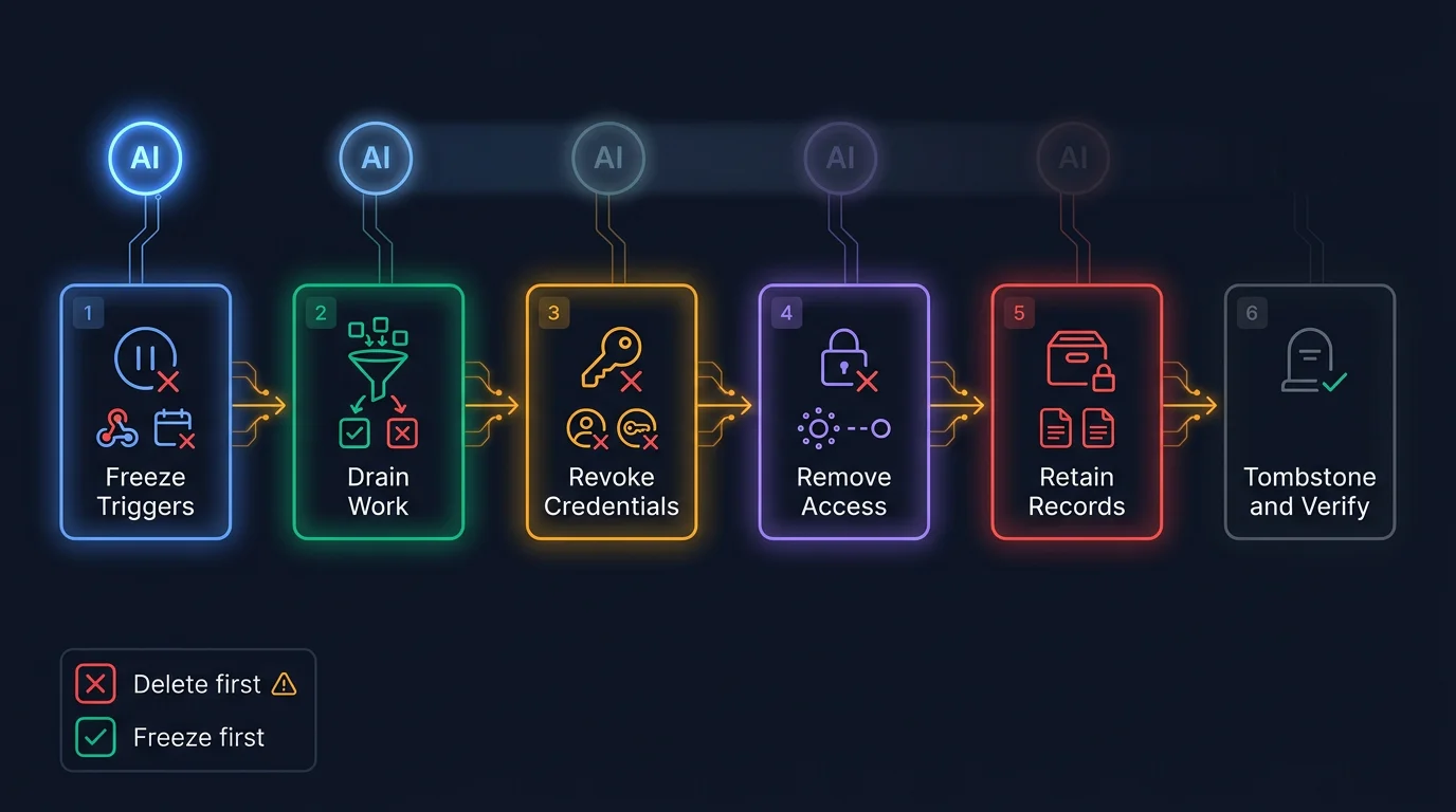 A horizontal six-step pipeline: freeze triggers, drain work, revoke credentials, remove access, retain records, tombstone and verify - each connected by amber arrows with an agent orb dimming from left to right