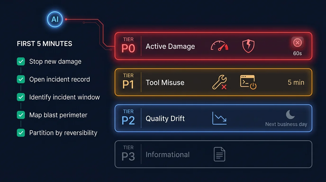 Four stacked severity tier bars: P0 red (active damage, 60s kill switch), P1 amber (tool misuse, 5min), P2 blue (quality drift, next day), P3 grey (informational, no page) - with a first 5 minutes checklist on the left