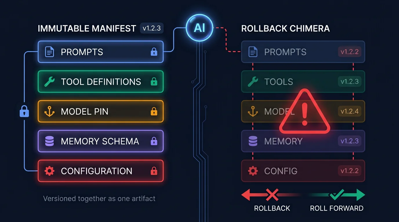 Left zone: five locked blocks labeled Prompts, Tool Definitions, Model Pin, Memory Schema, Configuration connected by an immutability bar, all versioned as v1.2.3. Right zone: the same five blocks mismatched from different versions with broken red connections, a warning triangle, a crossed-out ROLLBACK arrow and a green ROLL FORWARD arrow