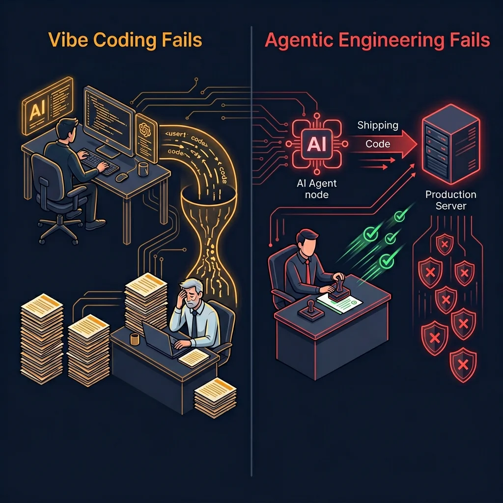 Left side shows vibe coding failure with PR backlog and exhausted reviewer, right side shows agentic engineering failure with rubber-stamp approvals and accumulating security vulnerabilities