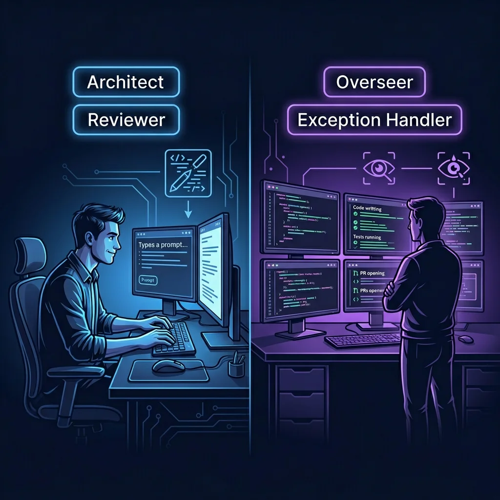 Left side shows a developer actively typing prompts and reviewing output as architect and reviewer, right side shows a human monitoring agent activity on dashboards as overseer and exception handler