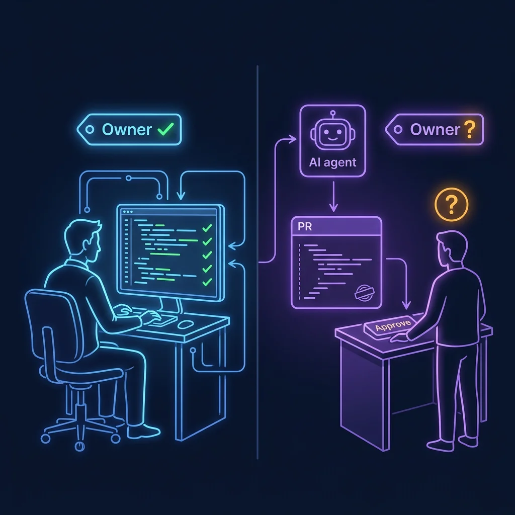 Left side shows a developer with per-line review marks and an Owner label, right side shows an agent-generated PR with a single approval stamp and an ambiguous Owner? label