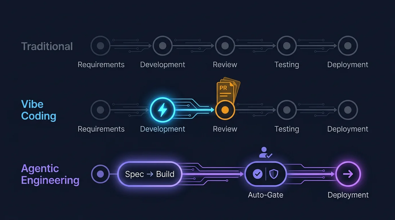 Three stacked pipelines showing traditional, vibe coding, and agentic engineering SDLC shapes