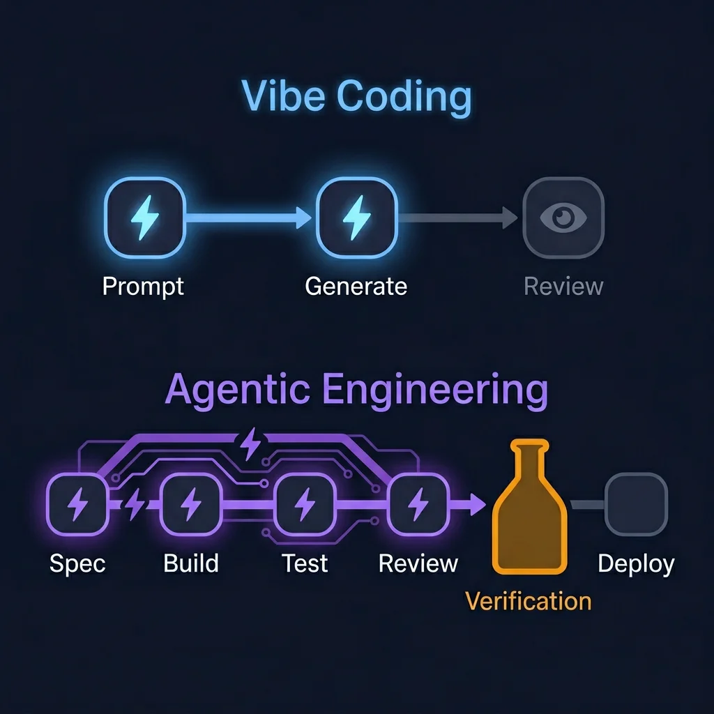 Two timelines: vibe coding with fast generation but slow human review, agentic engineering with fast end-to-end execution but a verification bottleneck at the end