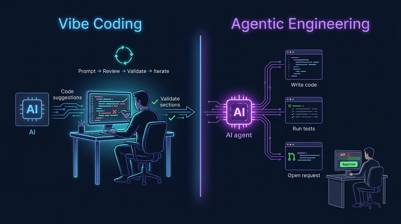 Left side shows vibe coding with a developer in a prompt-review-validate loop, right side shows agentic engineering with an autonomous agent and a human only at the approval step