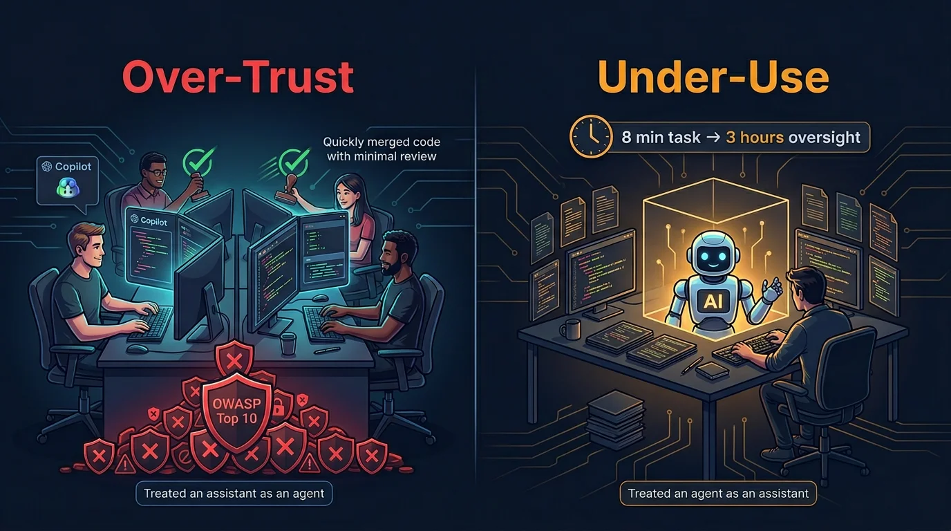 Left side shows over-trust failure with security vulnerabilities accumulating, right side shows under-use failure with micromanagement trapping agent speed