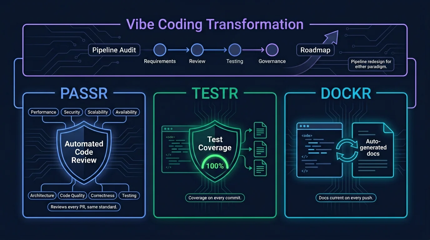 Three product panels (PASSR, TESTR, DOCKR) side by side under an overarching Vibe Coding Transformation banner