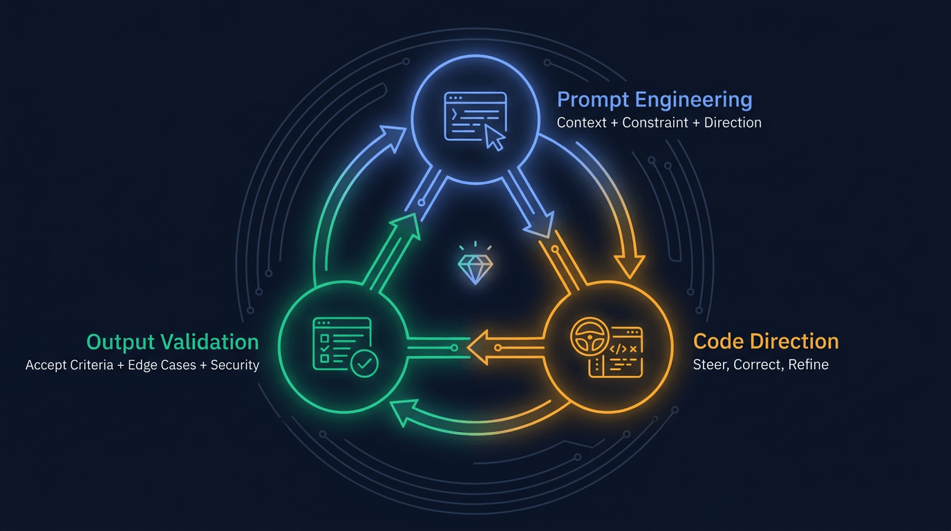 The New Craft: the iterative Prompt → Direct → Validate loop that defines developer excellence in a vibe coding workflow