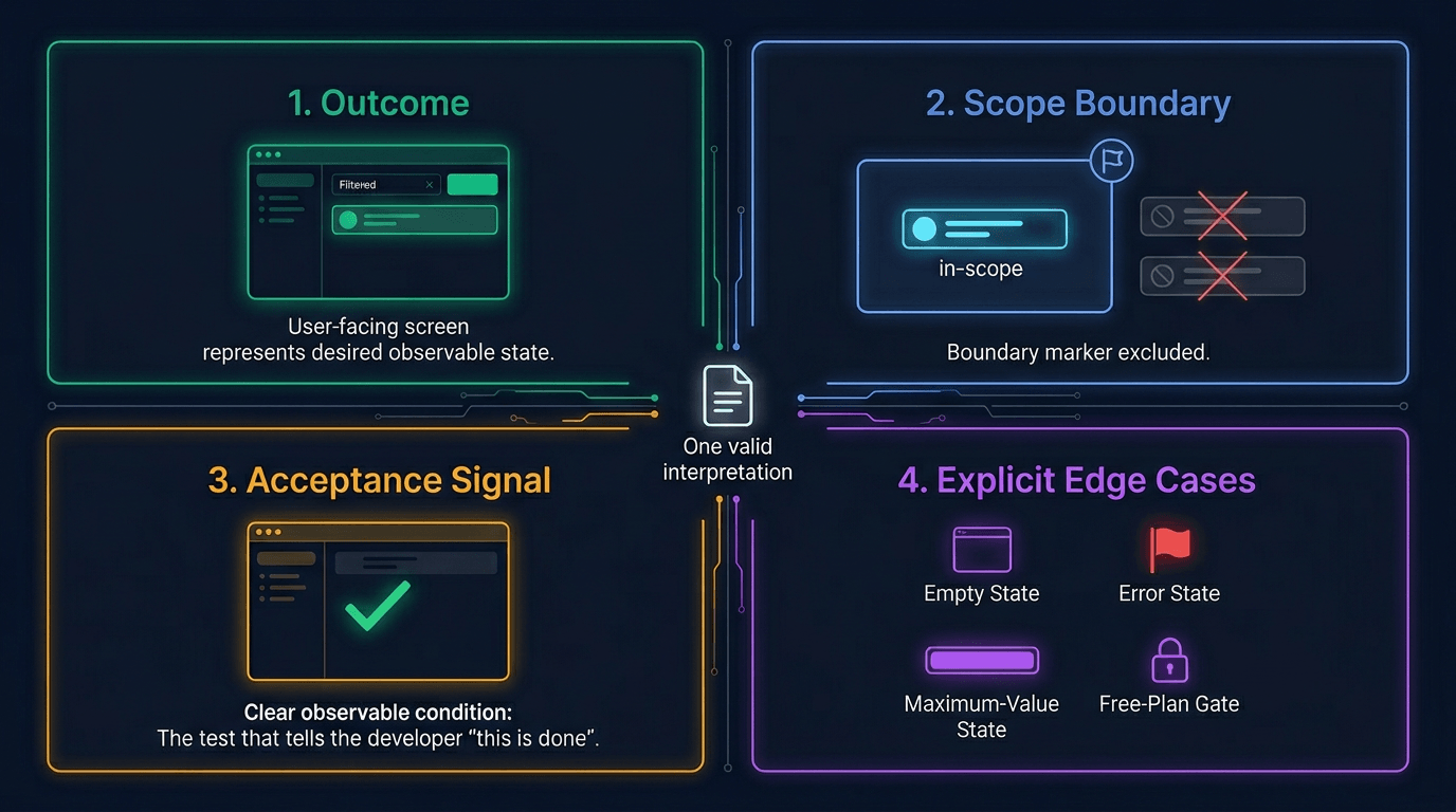 The four components of an atomic feature brief: Outcome, Scope Boundary, Acceptance Signal, and Explicit Edge Cases