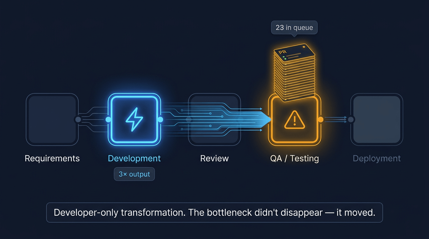 Developer output accelerates while QA capacity stays fixed - code piles up in the queue, the bottleneck migrates but doesn't disappear