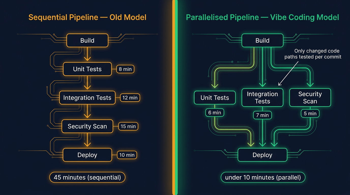 Pipeline evolution: sequential 45-minute runs on the left versus parallelised, incremental testing built for continuous delivery on the right
