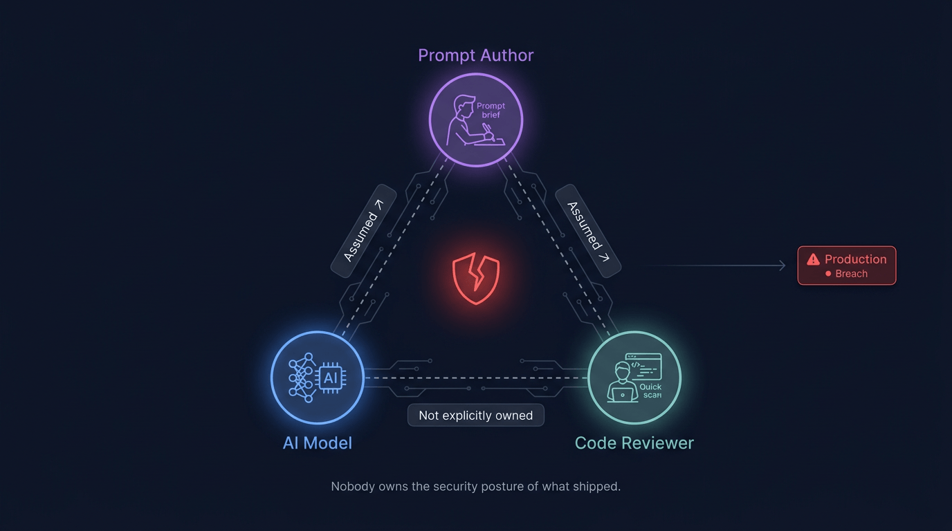 Fragmented security ownership across prompt author, AI model, and reviewer - diffuse accountability is how OWASP vulnerabilities reach production